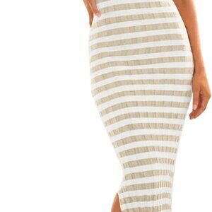 Women's 2025 Summer Bodycon Midi Dress Vacation Sleeveless Ribbed Knit Striped S